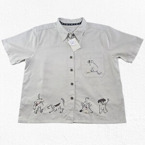 Y2K Christopher & Banks Dog Embroidered Beige Shirt 2002 Button Up Size Large